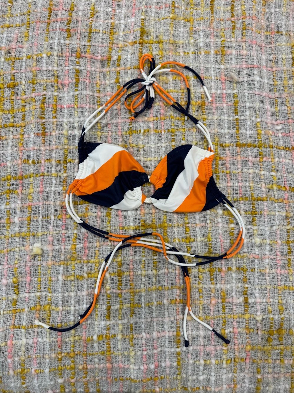 Victoria's Secret Orange White Navy Ring-Front Bikini Top